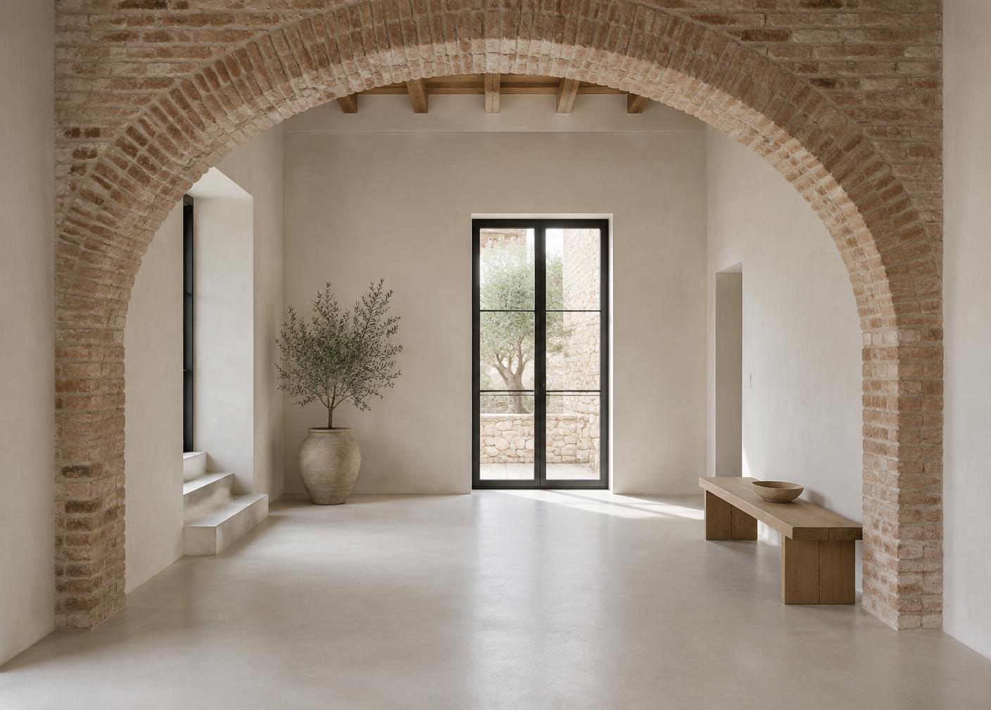 Misma estancia rehabilitada conservando el arco de ladrillo original, con revestimiento de cal y suelo continuo