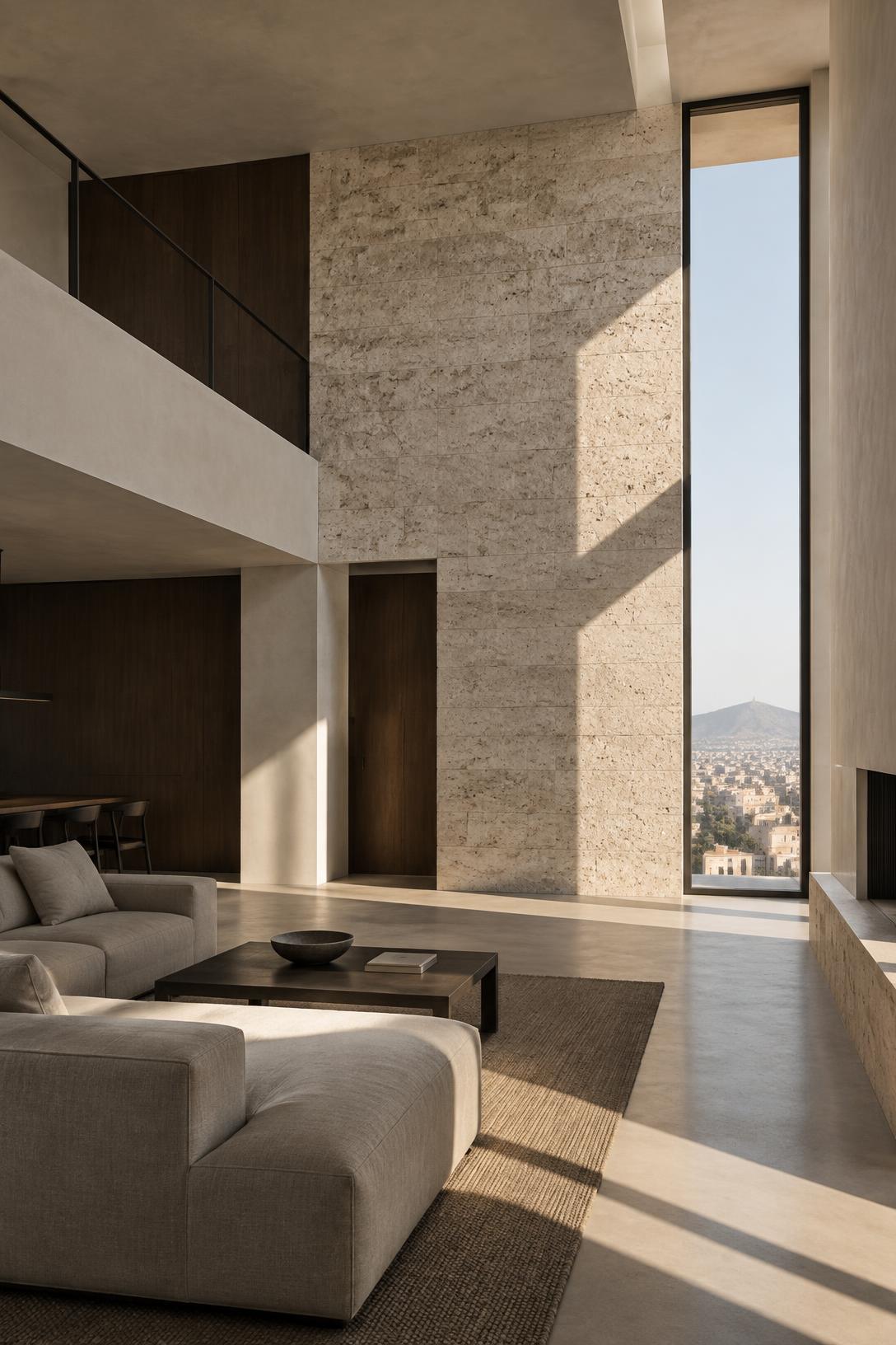 Vivienda proyectada por Pro-Silver en Murcia: salón de doble altura con muro de travertino y carpintería de roble