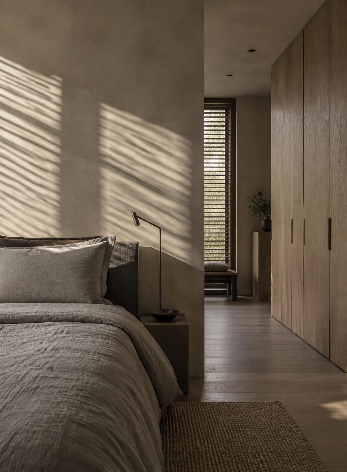 Dormitorio residencial con armario de roble a medida, paredes de cal y luz filtrada por lamas
